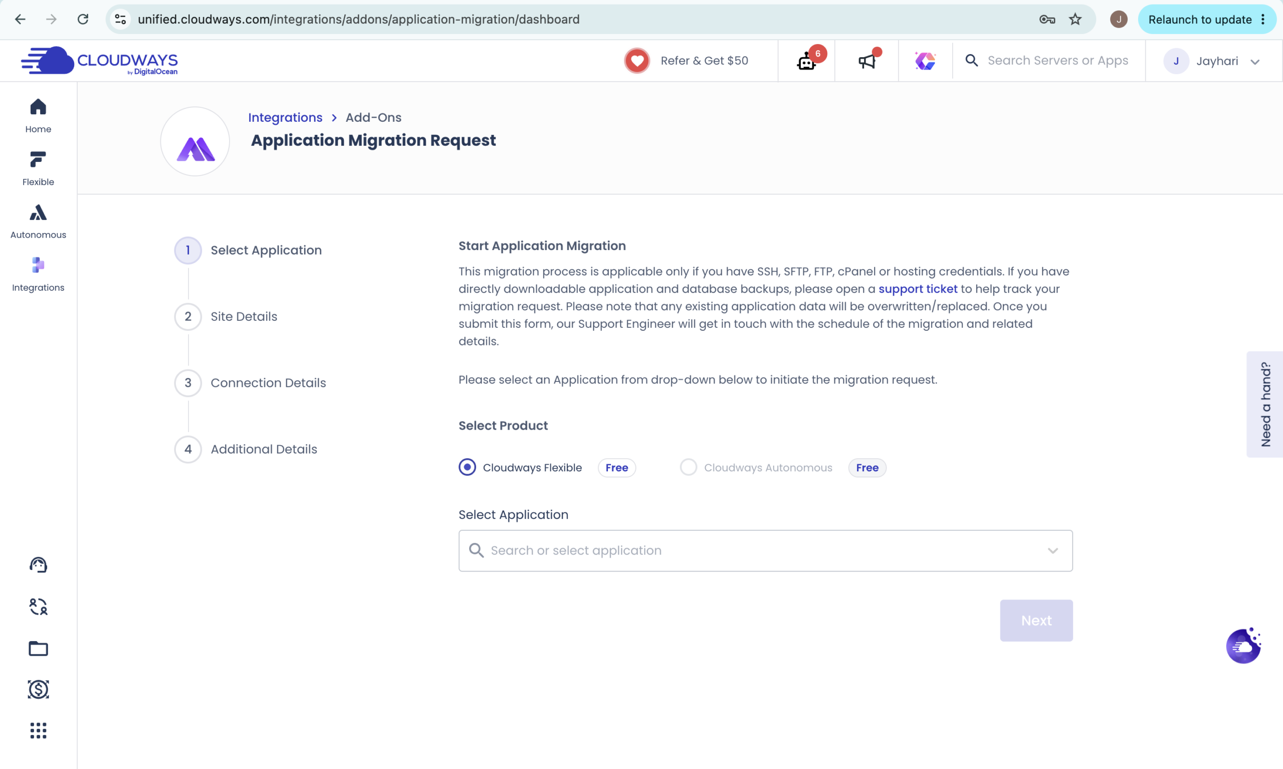 Cloudways migration interface