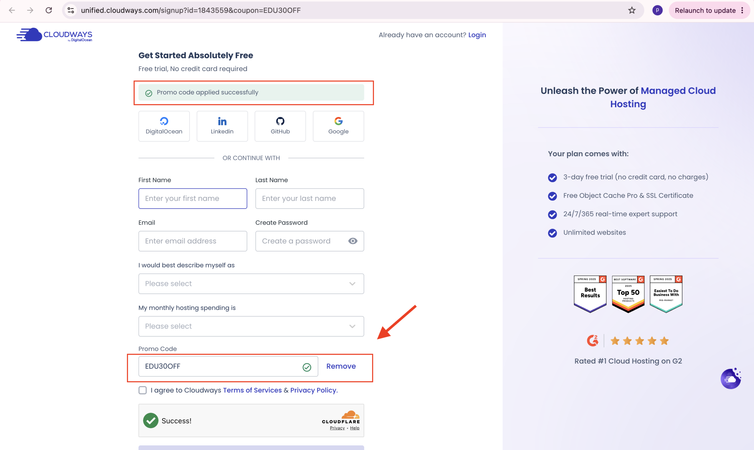 cloudways EDU30OFF promo code applied promo-code-applied-successfully